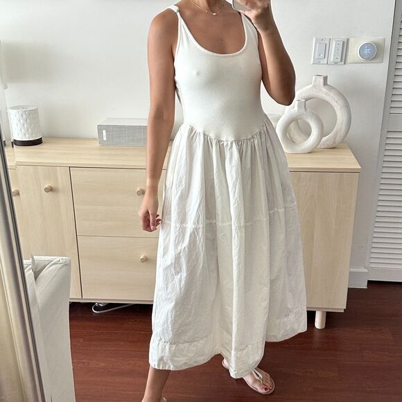 Free People Dylan Midi Dress Womens Medium Boho Poplin Knit Open Back Peasant - Picture 1 of 13